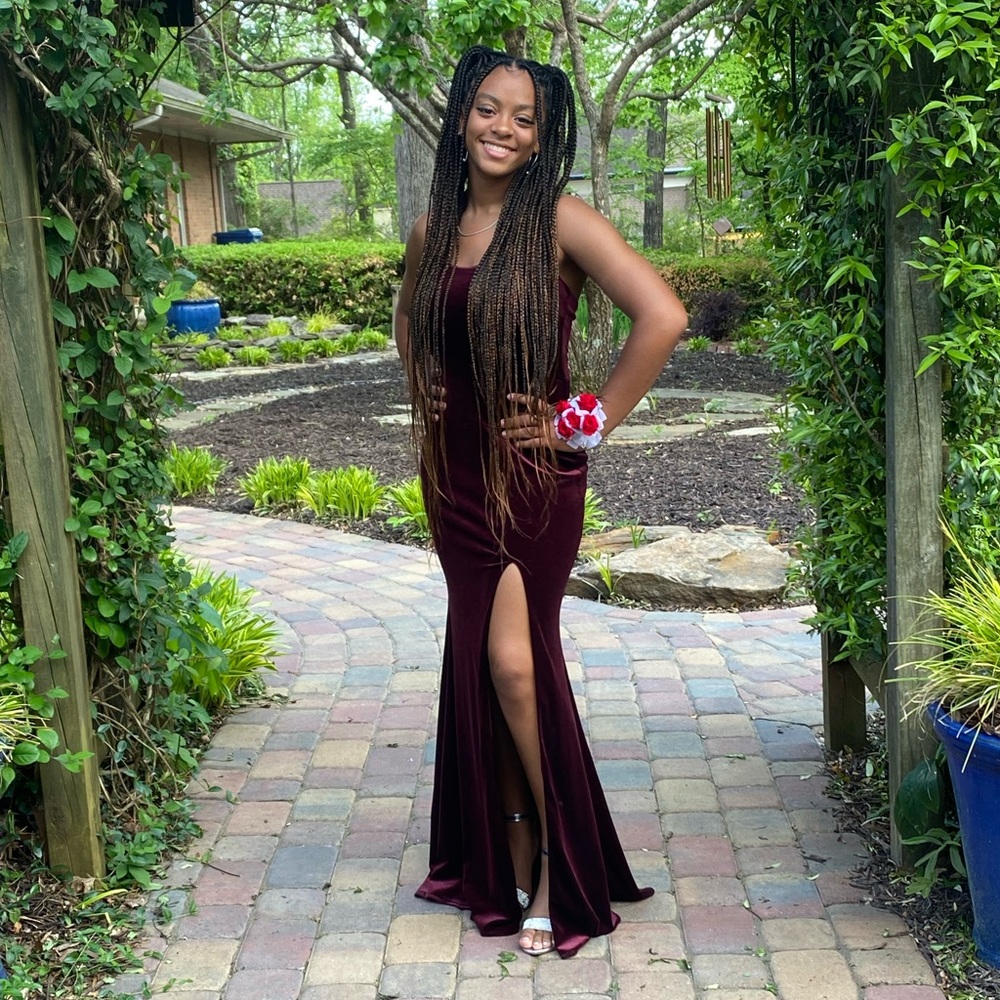 Burgundy velvet square neck halter dress. Prom or Formal dress.